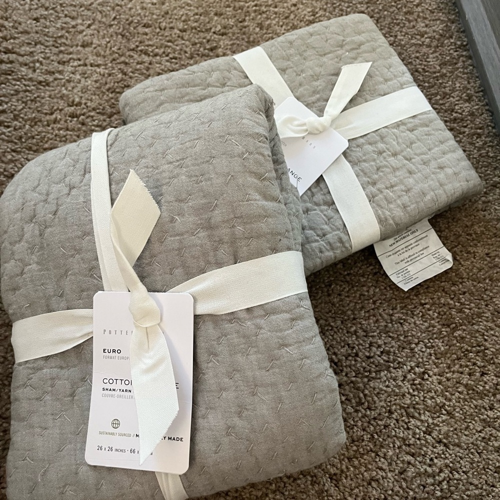 Pottery Barn Gray Cotton Euro Quilt Shams, NWT